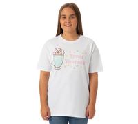 Pusheen Womens T-Shirt | White Treat Yourself Graphic Tee | Oversized Cute Kitty Short-Sleeve Tshirt | Lightweight Internet Cat Apparel Top | Stylish Daywear Merchandise Gift for Adults