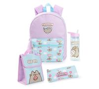 Pusheen Girls Backpack Set | Kids 4 Piece Blue & Pink Rucksack Bundle with School Bag, Pencil Case, Lunch Bag & Water Bottle | Kitten Cat Graphic Complete Matching Set | Back to School Gifts