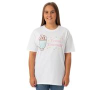 Pusheen Womens T-Shirt | White Treat Yourself Graphic Tee | Oversized Cute Kitty Short-Sleeve Tshirt | Lightweight Internet Cat Apparel Top | Stylish Daywear Merchandise Gift for Adults
