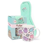 Pusheen Mug and Socks Gift Set for Adults Kids | Novelty Cat Cup with One Size Fluffy Slippers | Animated Blue White Ceramic Homeware 11 Oz