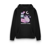 Pusheen Womens Hoodie | Ladies Weekend Plans Graphic Hooded Sweatshirt in Black | Cat Kitten Laptop New Msg Love Hearts Apparel Sweater | Internet Cartoon Merchandise Gift