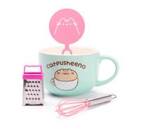 Pusheen Mug and Stencil Whisk Grater Accessories Set | CatPusheeno Animated Cat Cup | Coffee Barista Birthday Gifts | Blue Ceramic Homeware 17 Oz
