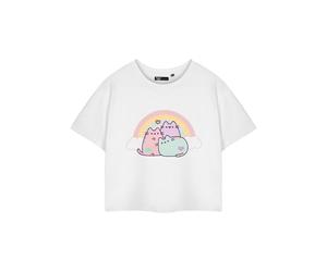 Pusheen Womens Pink Cropped Short Sleeve Graphic Tee | Peachy Cat Cartoon T-Shirt | Cute Internet Cat Apparel Top | Stylish Peach Merchandise for Women & Girls