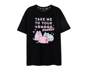 Pusheen Womens T-Shirt | Ladies Black Take Me To Your Feeder Graphic Tee | Oversized Cute Kitty Short-Sleeve Tshirt | Lightweight Internet Cat Apparel Top | Stylish Daywear Merchandise Gift for Adults