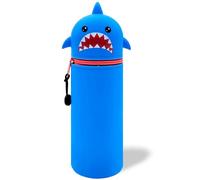PUSHI Store 2 in 1 Soft Silicone Pencil Case Kawaii Pencil Case Pen Sharks Pen Holder Silicone Zipper Pencil Pen Markers Silicone Case for School Supplies Large Capacity, Blue, Kawaii