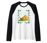 Pushin My Luck Patricks Day Bulldozer Kids Construction Raglan Baseball Tee