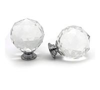 Pushka Home A Pair Of Medium Clear Faceted Crystal Cupboard Knob with Chrome Base. 40mm in Diameter. 100% Crystal. Suits door thickness up to 21mm. Longer Screws Available.