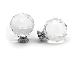 Pushka Home A Pair Of Medium Clear Faceted Crystal Cupboard Knob with Chrome Base. 40mm in Diameter. 100% Crystal. Suits door thickness up to 21mm. Longer Screws Available.