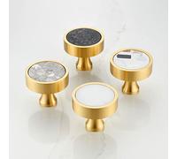 Pushka Home LTD Solid Brushed Brass Gold Cupboard Door Drawer Knobs with Black, Grey or White Terrazzo Insert (Grey)