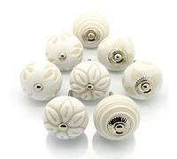 Pushka Home Set of 8 Ceramic Cream White Beige Cupboard Door Knobs . 40mm vintage style stencil handles mix. Suits doors up to 27mm. Supplied with silver fixings.
