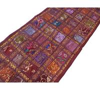 PUSHPACRAFTS Maroon Hand Embroidered Cotton Bohemian Table Runner, Brown