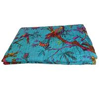 PUSHPACRAFTS Turquoise Ferozi Blue Bird Print King Size Kantha Quilt Blanket Bed Cover, King bedspread, Bohemian Bedding Tree of Life design Size 90 Inch x 108 Inch