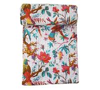 PUSHPACRAFTS White Bird Print King Size Kantha Quilt Blanket Bed Cover, King bedspread, Bohemian Bedding Tree of Life design Size 90 Inch x 108 Inch
