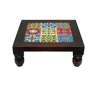 PUSHPACRAFTS Wooden Ceramic Tile-Fitted 8 Inch Brown Chowki Bajot Pooja Table Pooja Stool Pooja Stand small Handmade Pooja Chowki for God Idol Altar Table Temple Chowki