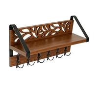 PUSOKEI 2 in 1 Wall Mount Coat Rack with Shelf, 6 Double Hooks, Wood Coat and Hat Organizer for Entryway Hallway, Brown Rustic Wall Hook Rack for Living Room Bedroom (38 * 13.5 * 17.5CM)
