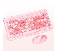 PUSOKEI Wireless Keyboard and Mouse Combo, 2.4GHz USB Retro Typewriter Keyboard with Cute Round Keycaps, Ergonomic Full Size Set for Computer Laptop (Pink)