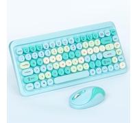 PUSOKEI Wireless Keyboard and Mouse Combo, 2.4GHz USB Retro Typewriter Keyboard with Cute Round Keycaps, Ergonomic Full Size Set for Computer Laptop (Misty Blue)