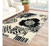 PUSRDEO Artistic Flower Print Area Rug Pet Safe Ikat Non Shedding Carpet For Dorm, Common Area, Meeting Space, Rubberized Grip Durable(White)-120x150cm