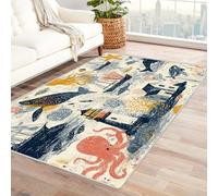PUSRDEO Bright Floral Printed Floor Rug Easy Care Octopus Dense Texture Carpet For Reception, Waiting Area, Vestibule, Firm Support Comfort(White)-150x180cm