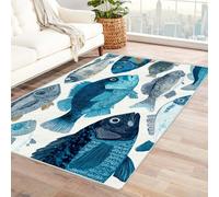 PUSRDEO Fantasy Botanical Digital Print Carpet Fish Soil Resistant Surface For Pet Zone, Feeding Area, Utility Corner, Easy Wipe Layer(Blue)-90x120cm