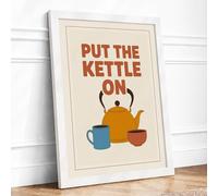 Put the Kettle On Retro Framed Wall Art Print A2 (59.4×42cm) White, Wall Decor for Living Room, Bedroom, Office & Home, Ready to Hang, Art Gift