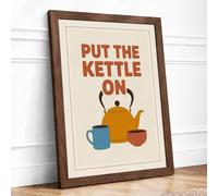 Put the Kettle On Retro Framed Wall Art Print A3 (42×29.7cm) Walnut, Wall Decor for Living Room, Bedroom, Office & Home, Ready to Hang, Art Gift