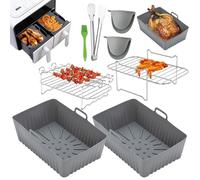 Putentfun 8PCS Air Fryers Accessories for Ninja Dual Air Fryers AF300UK AF400UK, 2 Reusable Silicone Air Fryer Liners, 2 Air Fryer Rack, 4 Skewer, 2 Silicone Gloves, Kitchen Tongs, Oil Brush(Grey)