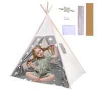 Putentfun Teepee Tent for Kids Foldable Children Play Tent for Girl and Boy with 4 Poles Grey Star Polyester Playhouse Toy Portable Kids Tent for Indoor and Outdoor Games