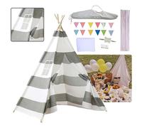 Putentfun Teepee Tent for Kids,Teepee Tent with Bunting Carry Bag,160cm,Foldable Children Play Tent for Girl & Boy,White&Grey Canvas Tipi Playhouse Toy for Indoor and Outdoor Games,Garden Beach Wigwam
