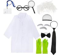 Puteraya 12 PCS Kids Crazy Old Man Physicist Wig Old Man Mad Scientist Costume Doctor White Lab Coat Costume for Boys Girls Cosplay Party Halloween ((4-6 Years(115cm-125cm))