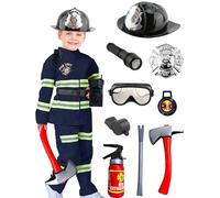 Puteraya 13 Pcs Kids Fireman Costume Set Children Firefighter Pretend Role Play Outfits for Boys Fireman Dress Up Toys Halloween Cosplay (Fireman Costume Set 2, 10-12 Years (133-153cm))