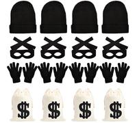 Puteraya 16 Pcs Adult Robber Costume Set Include 4 Canvas Dollar Sign Money Bags 4 Thief Cosplay Eye 4 Mask 4 Beanie Cap 4 Gloves Bandit Dress Up Accessories for Halloween Burglar Theme Party