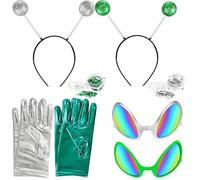 Puteraya 2 Set Alien Costume Accessories Includes 2 Alien Antenna Headband 2 Decorative Glitter 2 Glasses 2 Gloves Halloween Costume for Halloween Cosplay Party Costumes Adult Women