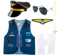 Puteraya 7 Pcs Children Pilot Costume Set Kids Air Force Pilot Dress Up Vest Fighter Pilot Captain Vest and Hat Set Aviator Uniform for Kids Boys Halloween Cosplay Pretend Party Role Play