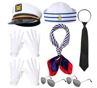 Puteraya 8 Pack Yacht Captain Hat Sailor Ship Cap White Sailor Hat Scarf Sunglasses for Boating Marine Admiral Costume Accessory Party Cosplay