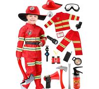 Puteraya Children's Firefighter Pretend Role Play Toys for Boys - Fire Chief Cosplay Halloween Costume (Fireman Costume Set 1, 6-7 Years (114-123cm))