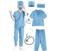 Puteraya Kids Doctor Scrubs Costume Set Doctor Surgical Suit Uniform for Boys Girls Dress Up Halloween Cosplay (Light Blue, 4-5 Years(110-120cm))