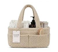 PUTSKA Fleece Nappy Caddy Organiser - Soft Teddy Fabric Baby Caddy with Handles, Portable Nursery Storage for Nappies, Wipes & Baby Essentials, Cream