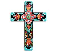 Putuo Decor Floral Cross Wall Decor Painted Decorative Wooden Inspirational Cross Spanish Style Wall Cross Decor Mexican Art Wall Decor Crucifix for Home Room Church Decoration