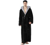 PUTUO Men's Robe Dressing Gown: Long Luxury Warm Winter Fluffy Fleece Hooded Bathrobe - Full Length Cosy Soft Thick Thermal Winter Housecoat for Christmas Gifts Black L 1 Pack