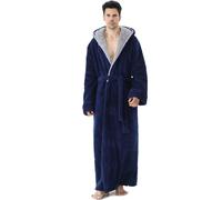 PUTUO Men's Robe Dressing Gown: Long Luxury Warm Winter Fluffy Fleece Hooded Bathrobe - Full Length Cosy Soft Thick Thermal Winter Housecoat for Christmas Gifts Navy blue L 1 Pack