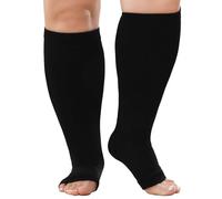 PUTUO Plus Size Compression Socks: Wide Calf Graduated Compression Stockings Men Women Open Toe Extra Large Compression Sock for Support Flight Travel Pregnancy Nurses 20-30 mmHg Black 5XL 1Pairs