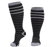 PUTUO Plus Size Compression Socks: Wide Calf Support Stockings for Men Women - 15-20mmHg Bamboo Viscose Extra Large Flight Socks for Pregnancy Nurses Elderly L/XL Stripe 1Pairs