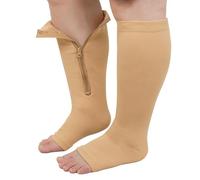 PUTUO Plus Size Compression Socks: Wide Calf Zip Flight Sock Women Men Extra Large Graduated Open Toe Support Stockings for Travel Beige 5XL 1Pairs