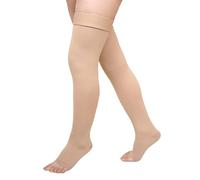 PUTUO Thigh High Compression Stockings: Plus Size Open Toe Graduated Flight Socks Women Men - Extra Wide Calf Support Socks for Large Legs for Varicose Veins Edema DVT Beige XL