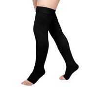 PUTUO Thigh High Compression Stockings: Plus Size Open Toe Graduated Flight Socks Women Men - Extra Wide Calf Support Socks for Large Legs for Varicose Veins Edema DVT Black M
