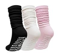 PUTUO Yoga Grip Socks for Women: Anti Slip Cotton Slouch Long ladies Socks for Pilates Dance Workout Home Hospital and Rehabilitation Size 5.5-7.5 Multicolor 3 Pairs