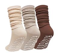 PUTUO Yoga Grip Socks for Women: Non Slip Cotton Slouch Long Slipper Socks for Pilates Ballet Workout Home Hospital and Rehabilitation Size 2.5-5 Mix-Color 3 Pairs