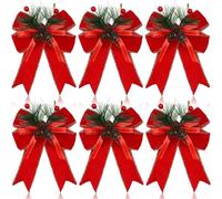 Puupaa Christmas Bows with Pine Cones and Pine Needles, 6 Pcs Xmas Ribbon Decor for Tree Wreath Wrapping DIY Craft, 13x15 cm(Pure red plush)