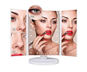 PUVLISZ Vanity Cosmetic/Makeup Mirror with 22 LED Lights, Touch Screen, Magnification Tri-Fold 2X 3X Magnifying, 180° Free Rotation, Dual Power Supply White